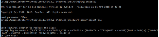 Command prompt window where the database connection is being pinged with details about the result